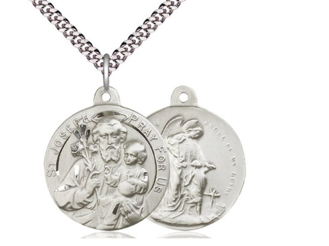 Saint Joseph / Guardian Angel Sterling Silver Pendant on a 24 Inch ...