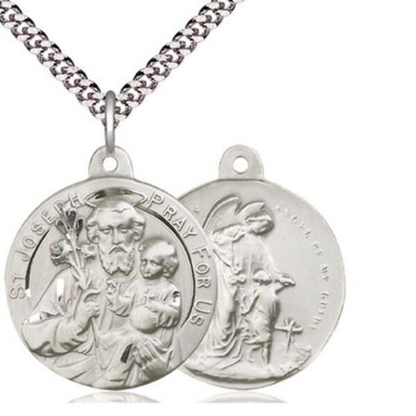 Saint Joseph / Guardian Angel Sterling Silver Pendant on a 24 inch Light Rhodium Heavy Curb Chain.