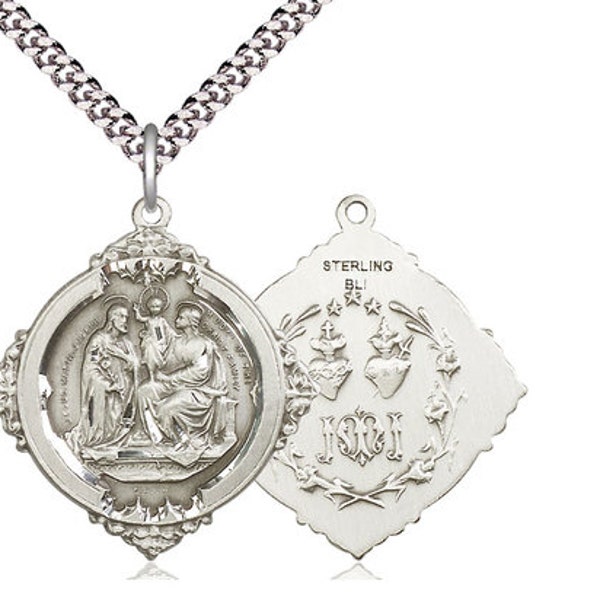 Holy Family Sterling Silver Pendant on a 24 inch Light Rhodium Heavy Curb Chain.