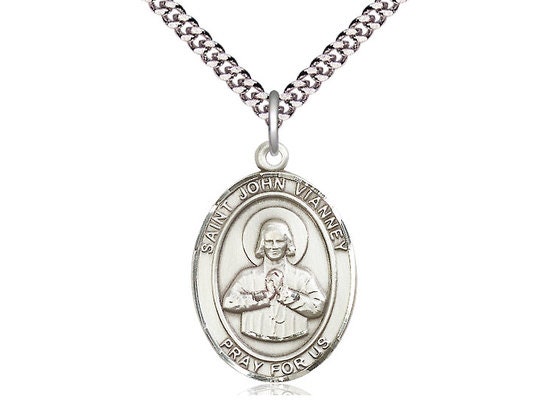 St John Vianney Sterling Silver Pendant on a 24 Inch Light Rhodium ...