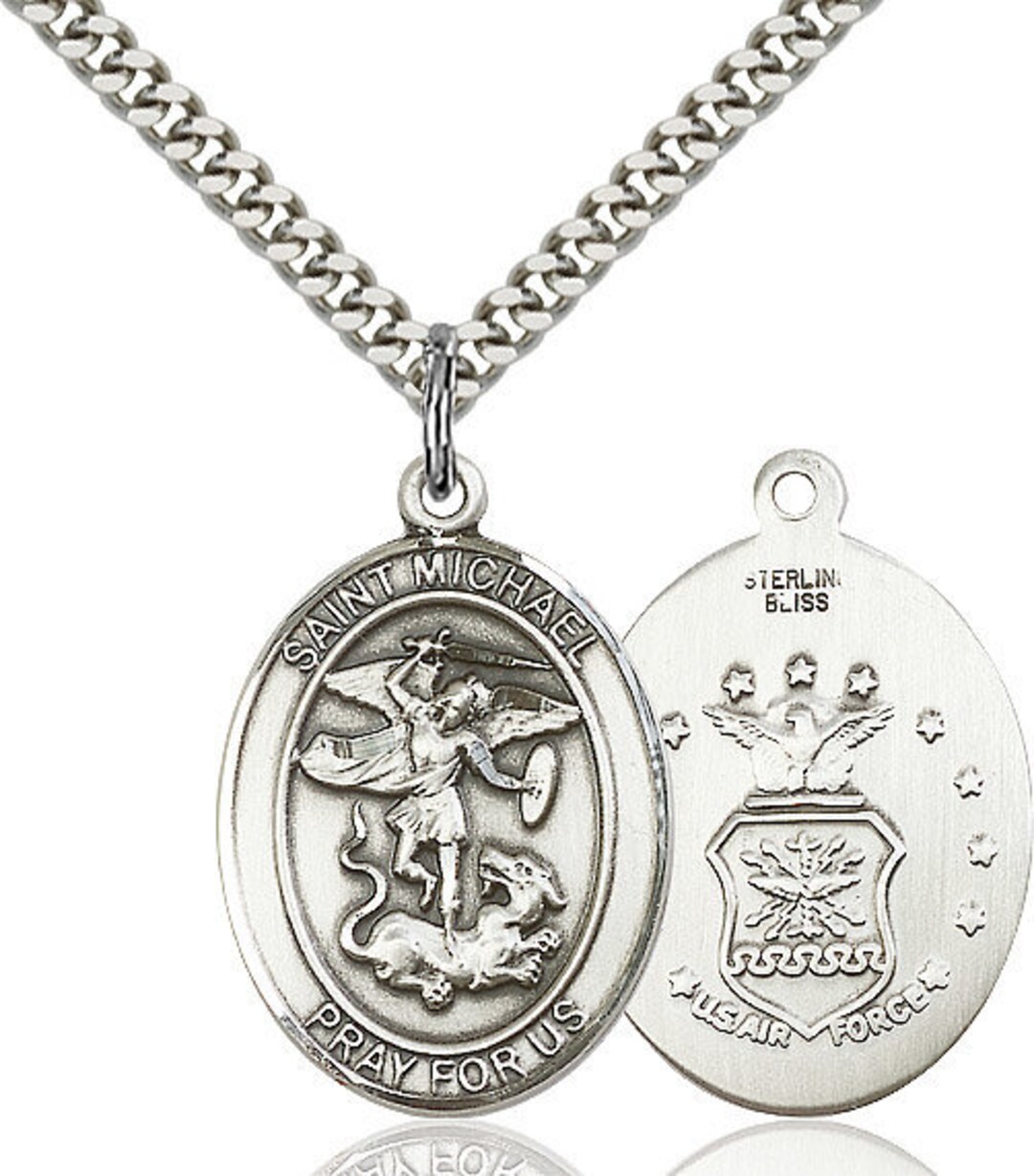 St Michael Air Force Sterling Silver Pendant on a 24 Inch Light Rhodium ...