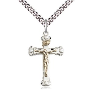 2-Tone Sterling Silver Crucifix Pendant on a 24 inch Light Rhodium Heavy Curb Chain.