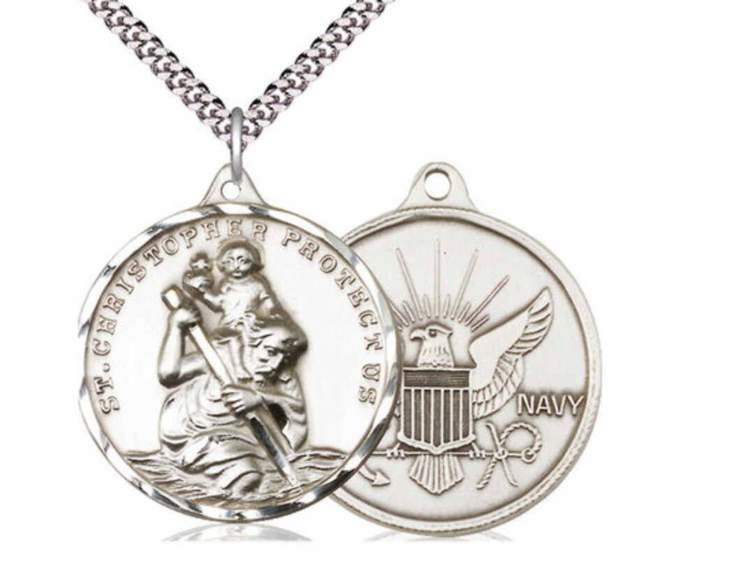 St Christopher Navy Sterling Silver Pendant on a 24 Inch Light Rhodium ...