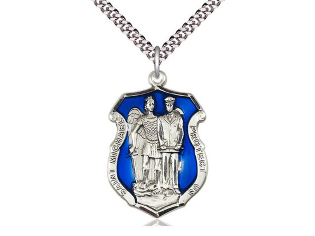 St. Michael the Archangel Police Shield Sterling Silver Pendant on a 24 ...