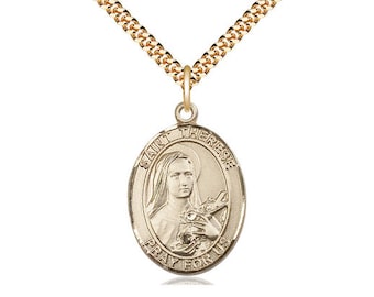 Colgante relleno de oro de 14 kt de Santa Teresa de Lisieux en una cadena de bordillo pesado de placa de oro de 24 pulgadas.