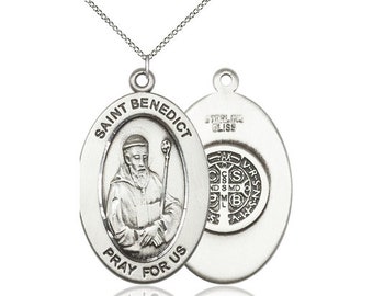 St. Benedict Sterling Silver Pendant on a 18 inch Sterling Silver Light Curb Chain.