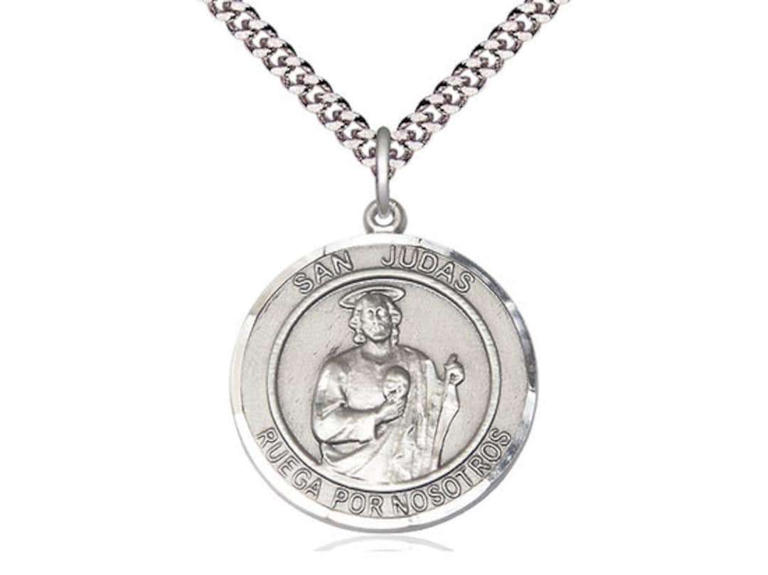 San Judas Sterling Silver Pendant on a 24 Inch Light Rhodium Heavy Curb ...