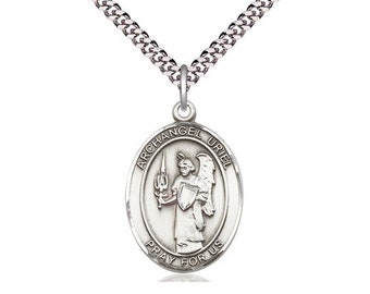 St Uriel the Archangel Sterling Silver Pendant on a 24 inch Light Rhodium Heavy Curb Chain.