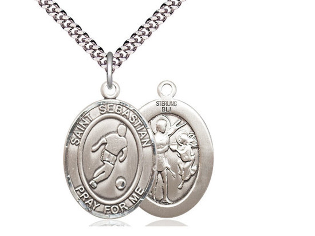 St Sebastian Soccer Sterling Silver Pendant on a 24 Inch Light Rhodium ...