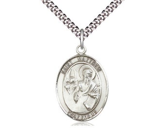 St Matthew the Apostle Sterling Silver Pendant on a 24 inch Light Rhodium Heavy Curb Chain.