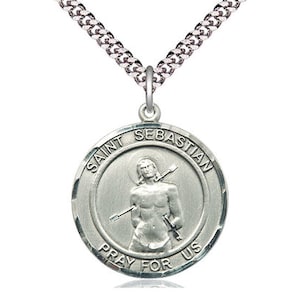 St Sebastian Sterling Silver Pendant on a 24 inch Light Rhodium Heavy Curb Chain.