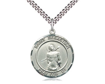 St Sebastian Sterling Silver Pendant on a 24 inch Light Rhodium Heavy Curb Chain.