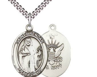 St Brendan Navy Sterling Silver Pendant  on a 24 inch Light Rhodium Heavy Curb Chain.