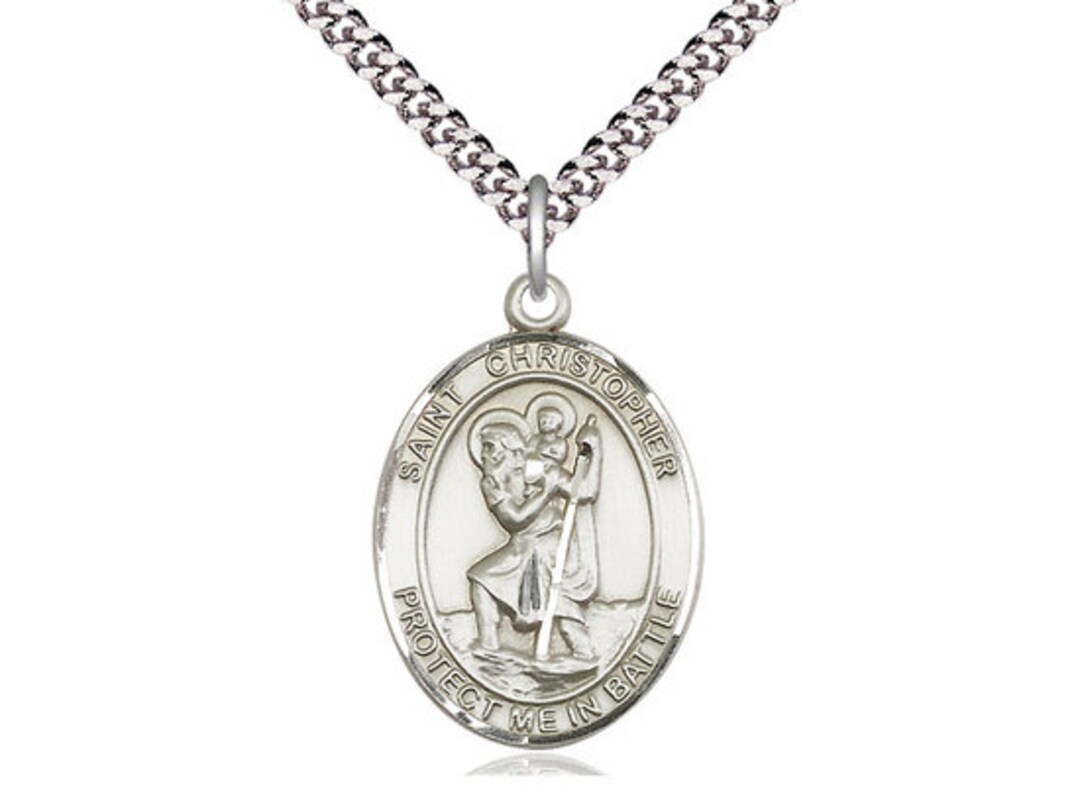 St Christopher Sterling Silver Pendant on a 24 Inch Light Rhodium Heavy ...