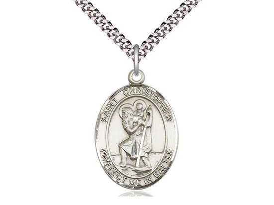 St Christopher Sterling Silver Pendant on a 24 Inch Light Rhodium Heavy ...