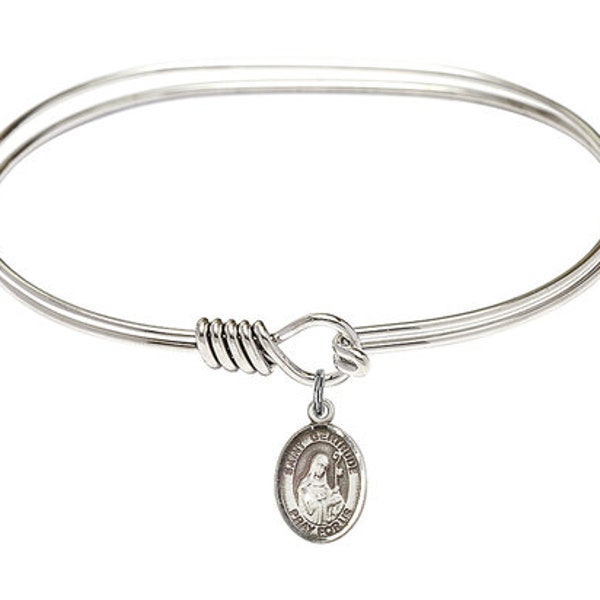 Saint Gertrude of Nivelles Sterling Silver Charm on a 7 inch Oval Eye Hook Rhodium Bangle Bracelet