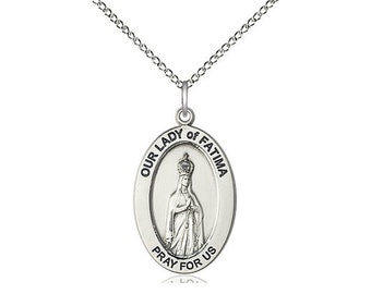 Our Lady of Fatima Sterling Silver Pendant on a 18 inch Sterling Silver Light Curb Chain.