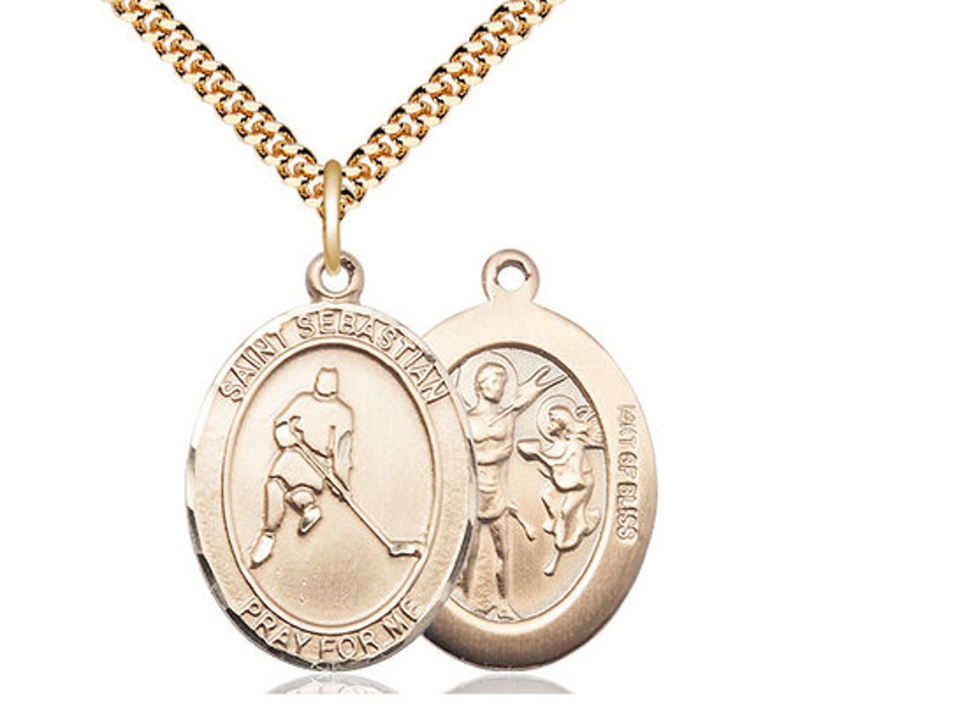 St Sebastian Ice Hockey Pendant on a 24 Inch Gold Plated Heavy Curb ...