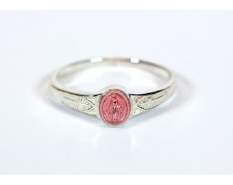 Sterling Silver Religious  Ring w/Pink Epoxy
