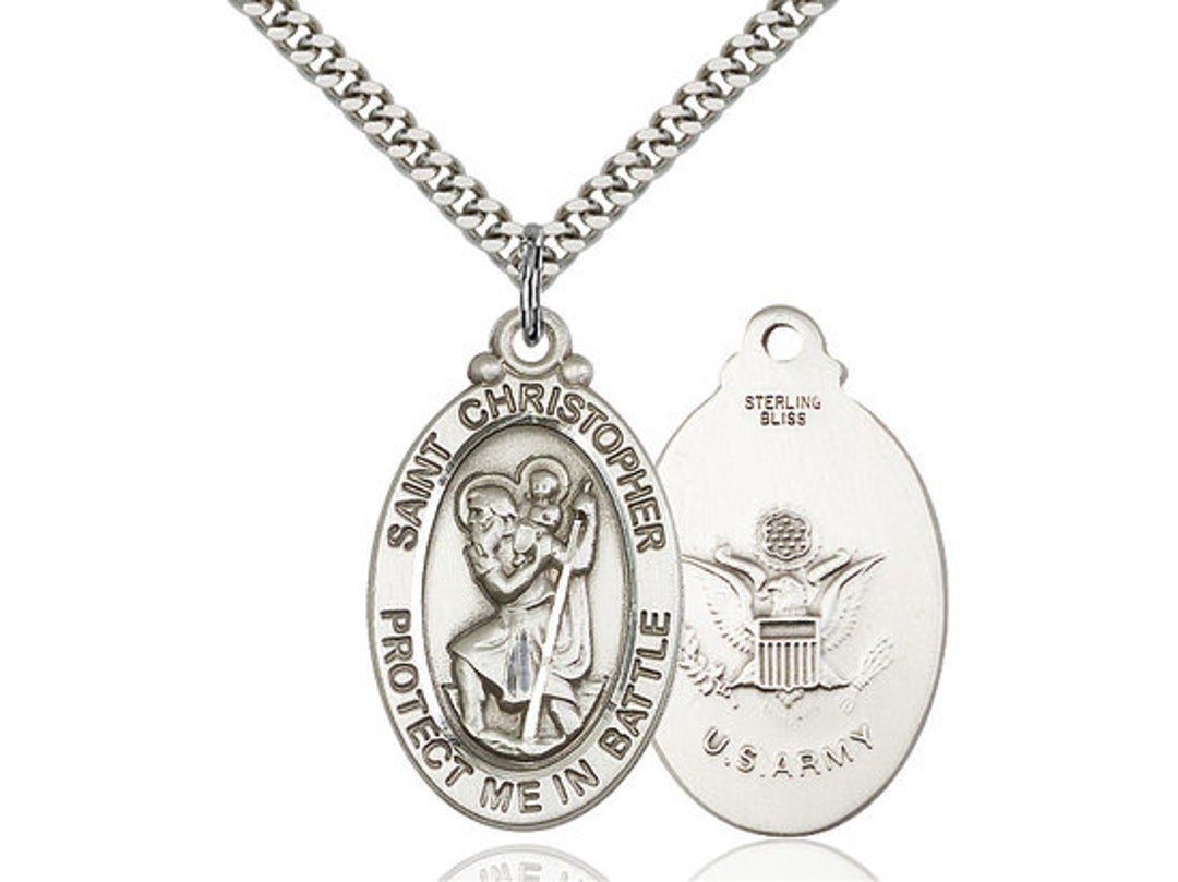 St Christopher Army Sterling Silver Pendant on a 24 Inch Light Rhodium ...