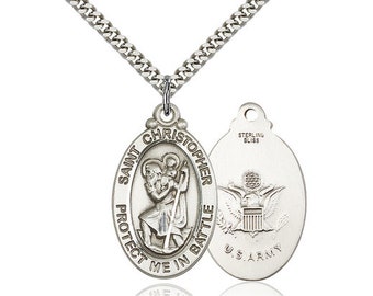 St Christopher Army Sterling Silver Pendant on a 24 inch Light Rhodium Heavy Curb Chain.