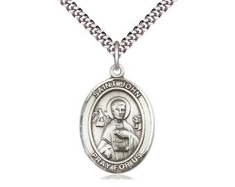 St John the Apostle  Sterling Silver Pendant on a 24 inch Light Rhodium Heavy Curb Chain.