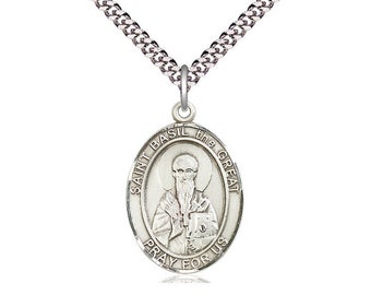 St Basil the Great Sterling Silver Pendant on a 24 inch Light Rhodium Heavy Curb Chain.