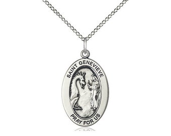 St. Genevieve Sterling Silver Pendant on a 18 inch Sterling Silver Light Curb Chain.