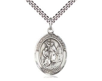 St John the Baptist Sterling Silver on a 24 inch Light Rhodium Heavy Curb Chain.