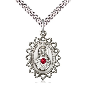 Sterling Silver Scapular Pendant with a 3mm Ruby Swarovski stone on a 24 inch Light Rhodium Heavy Curb Chain.