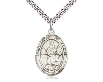 St Isidore the Farmer Sterling Silver Pendant on a 24 inch Light Rhodium Heavy Curb Chain.