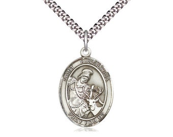 St Eustachius Sterling Silver Pendant on a 24 inch Light Rhodium Heavy Curb Chain.