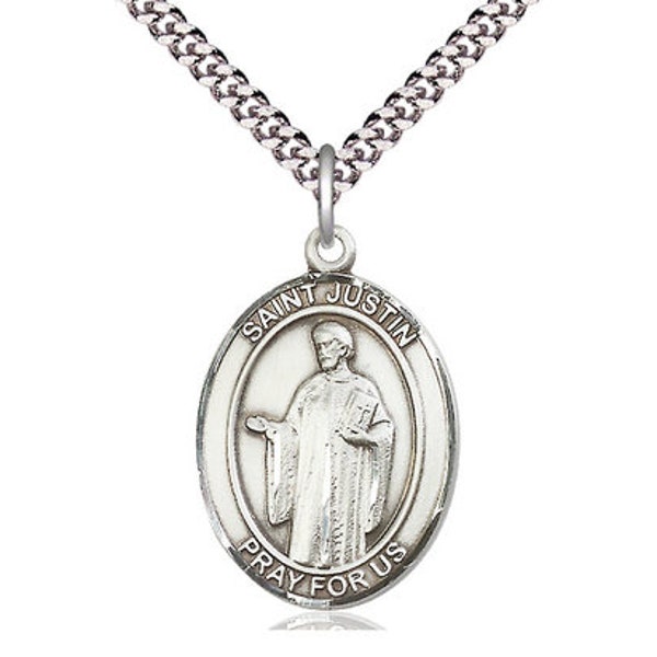 St Justin Sterling Silver Pendant on a 24 inch Light Rhodium Heavy Curb Chain.