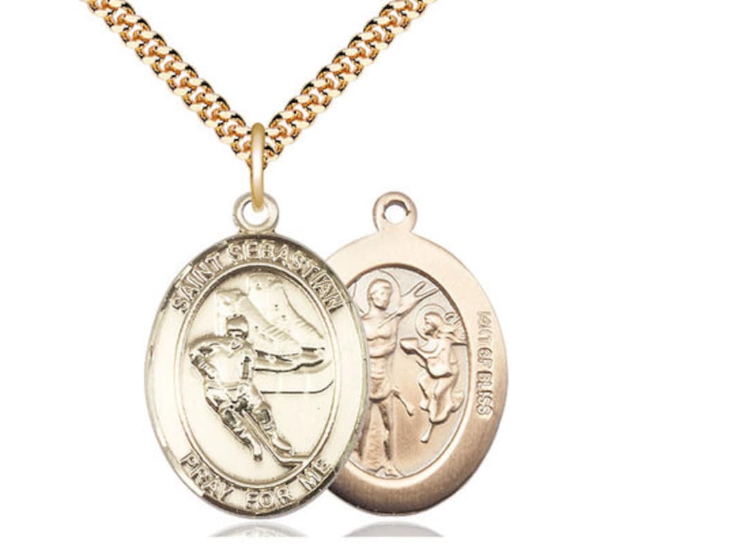 St Sebastian Hockey Pendant on a 24 Inch Gold Plated Heavy Curb Chain ...
