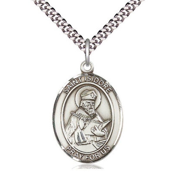 St Isidore of Seville Sterling Silver Pendant on a 24 inch Light Rhodium Heavy Curb Chain.