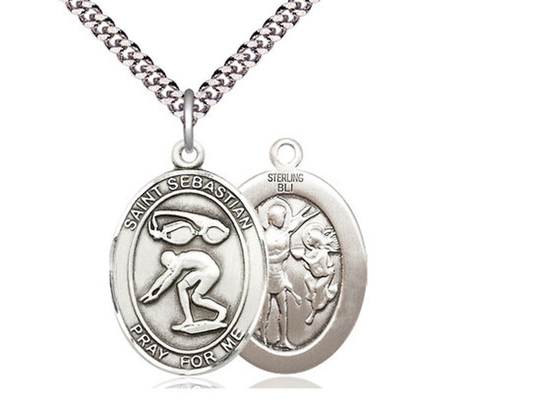 St Sebastian Swimming Sterling Silver Pendant on a 24 Inch Light ...