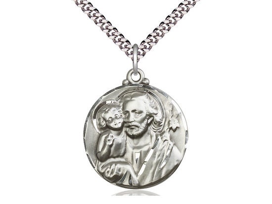 St Joseph Sterling Silver Pendant on a 24 Inch Light Rhodium Heavy Curb ...