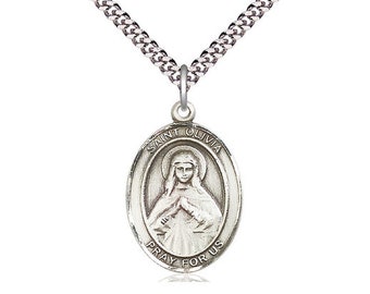 St Olivia Sterling Silver Pendant on a 24 inch Light Rhodium Heavy Curb Chain.