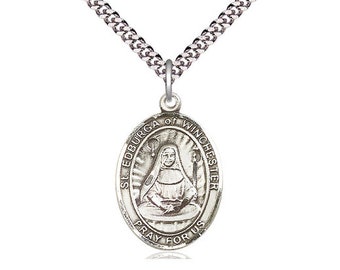 St Edburga of Winchester Sterling Silver Pendant on a 24 inch Light Rhodium Heavy Curb Chain.