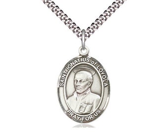 St Ignatius of Loyola Sterling Silver Pendant on a 24 inch Light Rhodium Heavy Curb Chain.