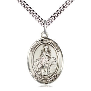 St Cornelius Sterling Silver Pendant on a 24 inch Light Rhodium Heavy Curb Chain.