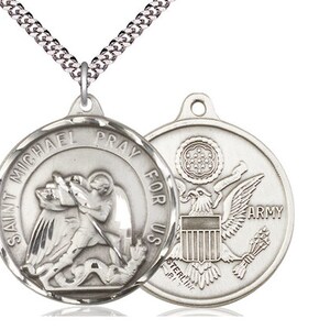 St Michael Army Sterling Silver Pendant on a 24 inch Light Rhodium Heavy Curb Chain.