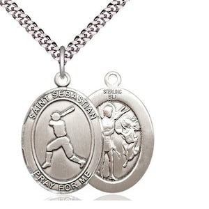 St Sebastian Baseball Sterling Silver Pendant on a 24 inch Light Rhodium Heavy Curb Chain.