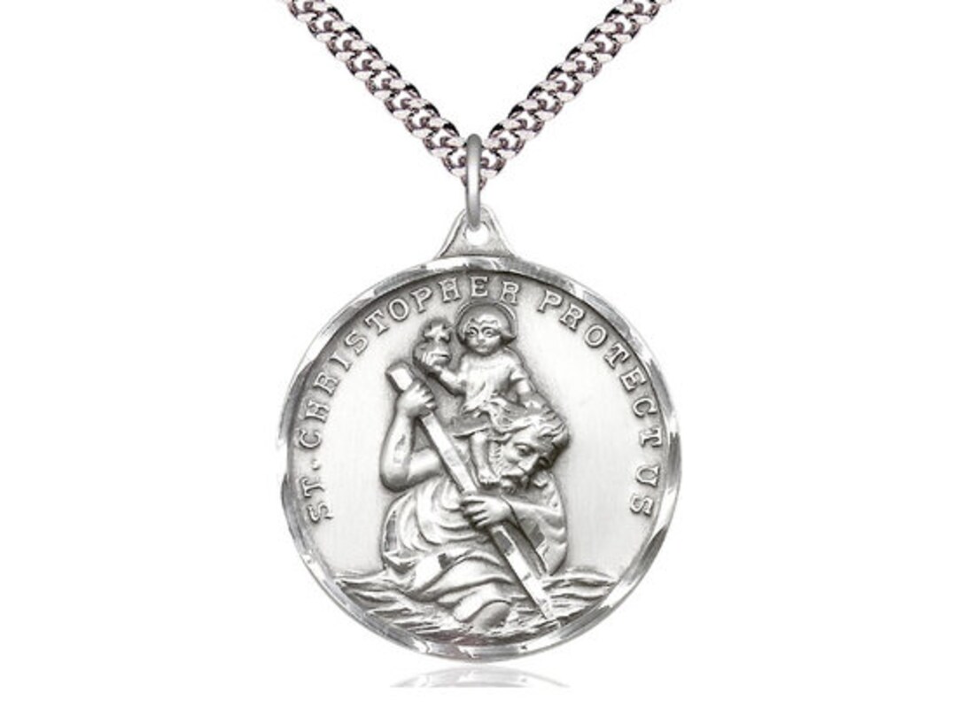 St Christopher Sterling Silver Pendant on a 24 Inch Light Rhodium Heavy ...