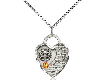 Sterling Silver Footprints Heart Pendant with a 3mm Topaz Swarovski stone on a 18 inch Sterling Silver Light Curb Chain.