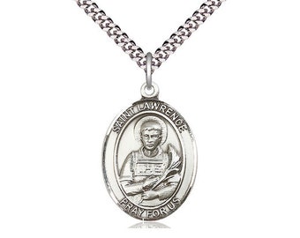 St Lawrence Sterling Silver Pendant on a 24 inch Light Rhodium Heavy Curb Chain.