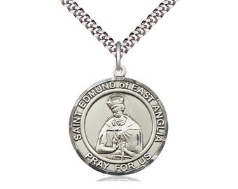 St. Edmund of East Anglia Sterling Silver Pendant on a 24 inch Light Rhodium Heavy Curb Chain.