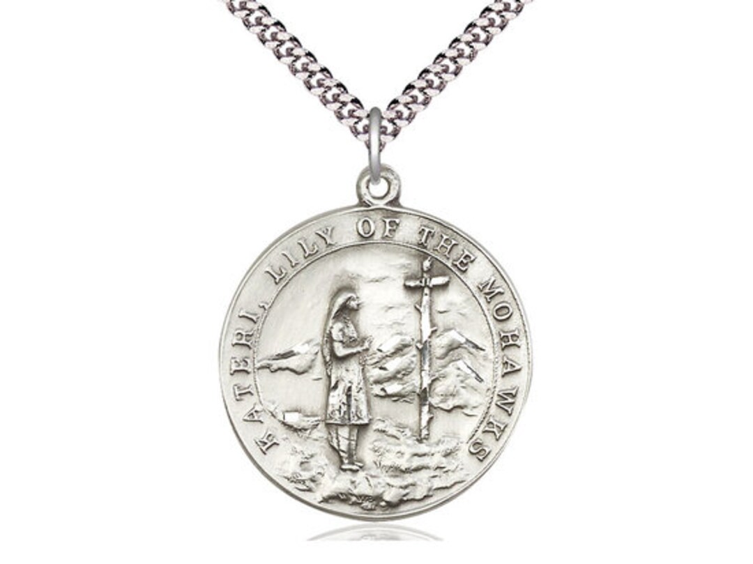 St Kateri Tekakwitha Sterling Silver Pendant on a 24 Inch Light Rhodium ...