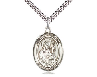St Gertrude of Nivelles Sterling Silver Pendant on a 24 inch Light Rhodium Heavy Curb Chain.