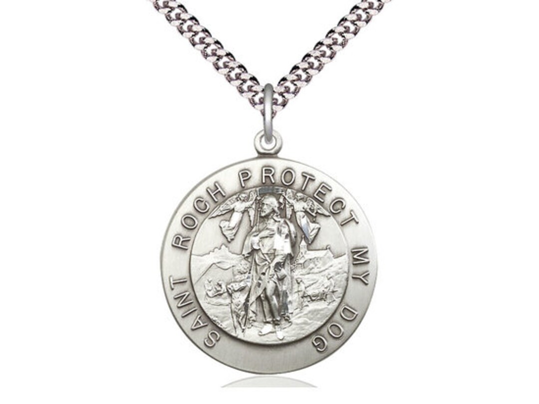 St Roch Sterling Silver Pendant on a 24 Inch Light Rhodium Heavy Curb ...
